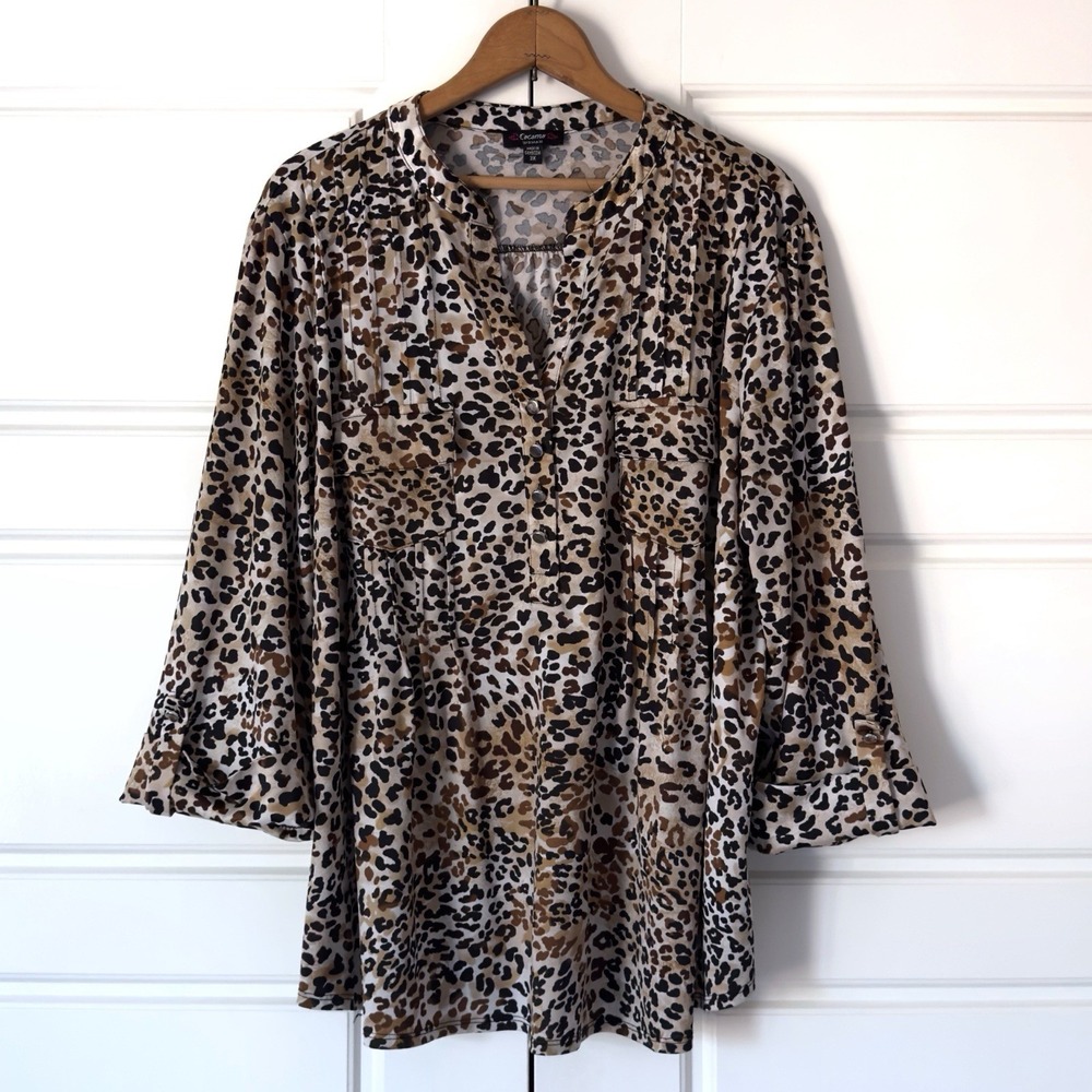 Cocomo Leopard Print Tunic Blouse Womens 3X Brown Roll Tab Sleeve Split Neck Top